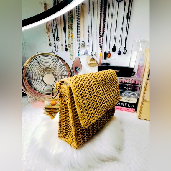 Handbags - Woven Tan crossbody/purse with Aztec printed strap